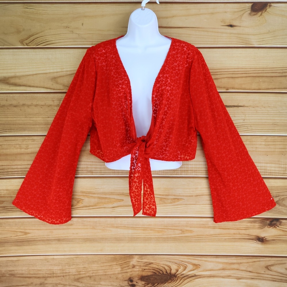 Wild Fable Cropped Tie Front Blouse Womens XXL Red Floral Sheer Bell Sleeves NWT